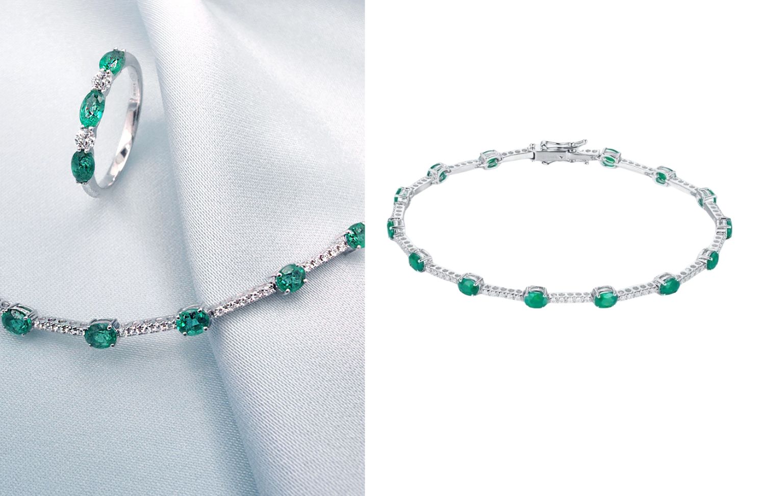 hermosa pulsera de esmeraldas y diamantes a juego con anillo disponible en joyería marga mira